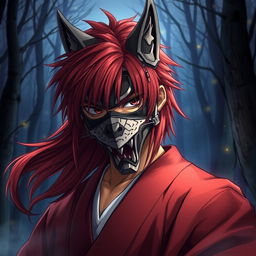 An artistic rendition of Himura Kenshin, featuring the character's distinctive scar on his cheek, while wearing a detailed wolf mask