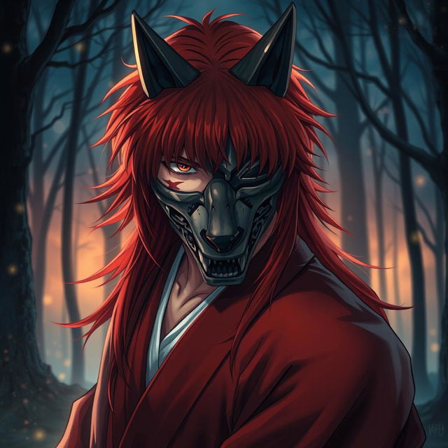 An artistic rendition of Himura Kenshin, featuring the character's distinctive scar on his cheek, while wearing a detailed wolf mask