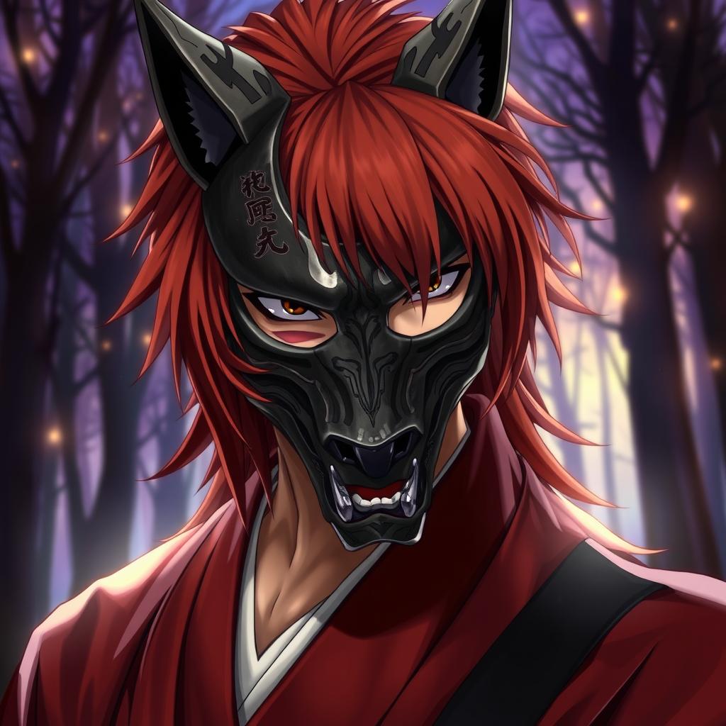 An artistic rendition of Himura Kenshin, featuring the character's distinctive scar on his cheek, while wearing a detailed wolf mask