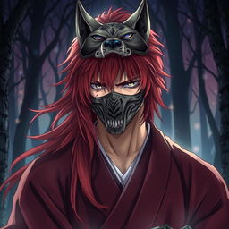 An artistic rendition of Himura Kenshin, featuring the character's distinctive scar on his cheek, while wearing a detailed wolf mask