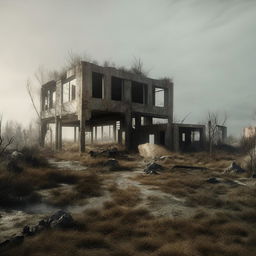 An old, dilapidated building in a desolate, apocalyptic environment