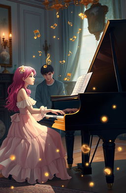 A young woman with pink hair playing a grand piano, golden musical notes floating in the air as she plays