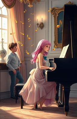 A young woman with pink hair playing a grand piano, golden musical notes floating in the air as she plays