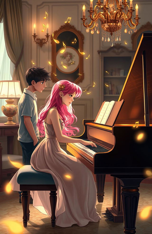 A young woman with pink hair playing a grand piano, golden musical notes floating in the air as she plays