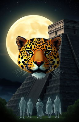 A majestic jaguar head, intricately detailed with striking patterns, positioned boldly in front of a large, luminous moon