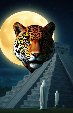 A majestic jaguar head, intricately detailed with striking patterns, positioned boldly in front of a large, luminous moon