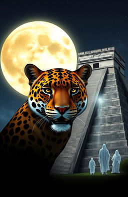 A majestic jaguar head, intricately detailed with striking patterns, positioned boldly in front of a large, luminous moon