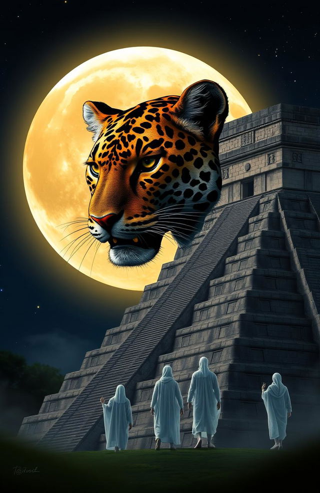 A majestic jaguar head, intricately detailed with striking patterns, positioned boldly in front of a large, luminous moon