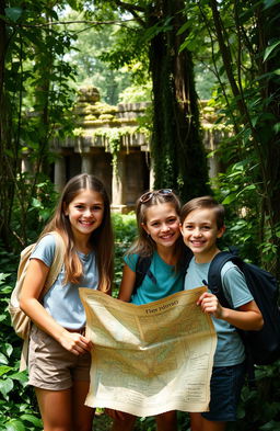 Three friends, two girls and one boy, standing excitedly in a dense forest with a treasure map in hand