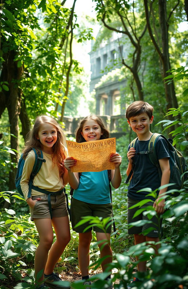 Three friends, two girls and one boy, standing excitedly in a dense forest with a treasure map in hand