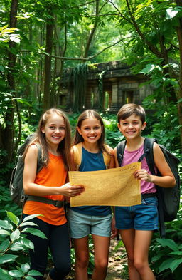 Three friends, two girls and one boy, standing excitedly in a dense forest with a treasure map in hand