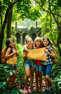 Three friends, two girls and one boy, standing excitedly in a dense forest with a treasure map in hand