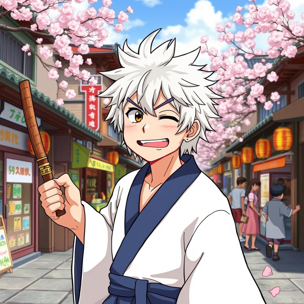 An engaging depiction of Gintoki Sakata, the beloved character from 'Gintama', portrayed in a lively and humorous scene