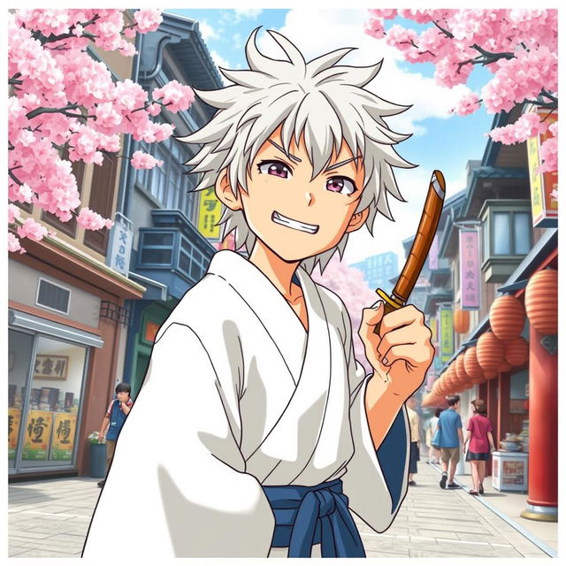 An engaging depiction of Gintoki Sakata, the beloved character from 'Gintama', portrayed in a lively and humorous scene