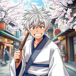 An engaging depiction of Gintoki Sakata, the beloved character from 'Gintama', portrayed in a lively and humorous scene