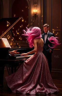 A woman with flowing pink hair elegantly playing a grand piano