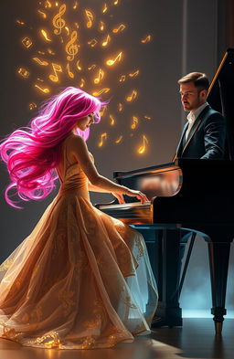 A woman with flowing pink hair elegantly playing a grand piano