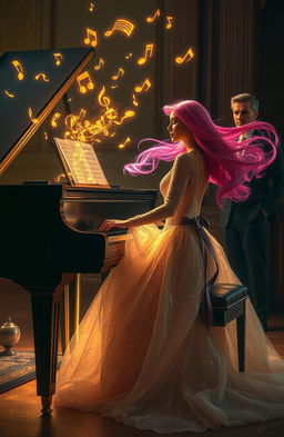 A woman with flowing pink hair elegantly playing a grand piano
