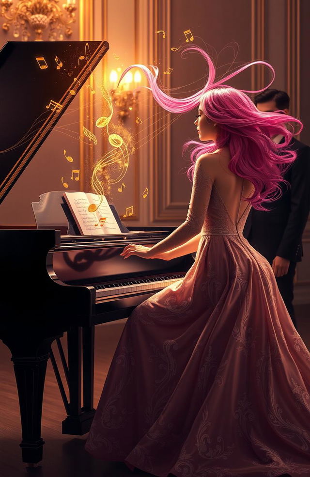 A woman with flowing pink hair elegantly playing a grand piano