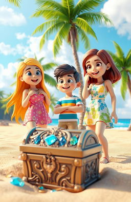 A vibrant 3D scene depicting three friends, two girls and one boy, standing excitedly in front of a mysterious treasure chest partially buried in the sandy beach