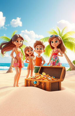 A vibrant 3D scene depicting three friends, two girls and one boy, standing excitedly in front of a mysterious treasure chest partially buried in the sandy beach