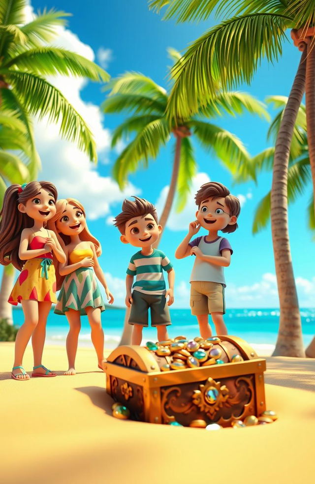 A vibrant 3D scene depicting three friends, two girls and one boy, standing excitedly in front of a mysterious treasure chest partially buried in the sandy beach