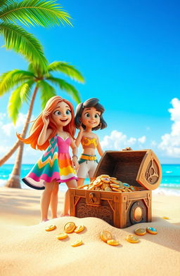 A vibrant 3D scene depicting three friends, two girls and one boy, standing excitedly in front of a mysterious treasure chest partially buried in the sandy beach