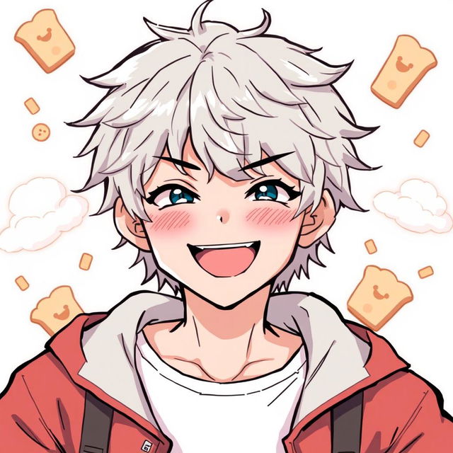 A lively and cheerful illustration of Gintoki Sakata as a teenager, featuring his signature cheeky smile that radiates mischief and charm