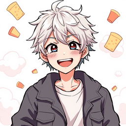 A lively and cheerful illustration of Gintoki Sakata as a teenager, featuring his signature cheeky smile that radiates mischief and charm
