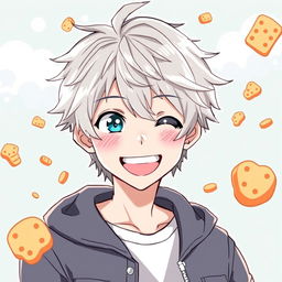 A lively and cheerful illustration of Gintoki Sakata as a teenager, featuring his signature cheeky smile that radiates mischief and charm