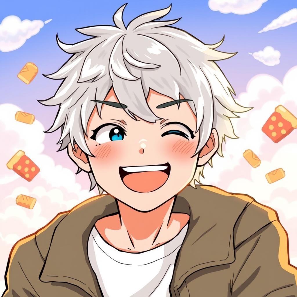 A lively and cheerful illustration of Gintoki Sakata as a teenager, featuring his signature cheeky smile that radiates mischief and charm