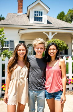 Three friends standing together in front of a charming house on a sunny day