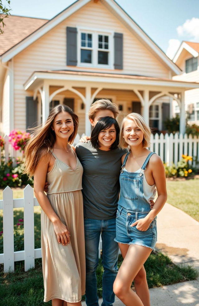 Three friends standing together in front of a charming house on a sunny day