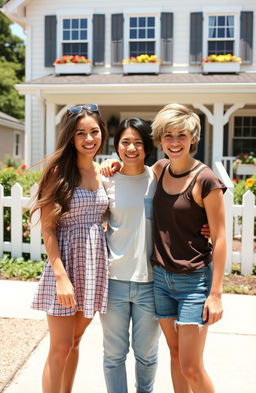 Three friends standing together in front of a charming house on a sunny day