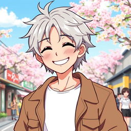 A playful illustration of Gintoki Sakata as an adult, showcasing his signature cheeky smile that reflects his mischievous attitude and carefree spirit