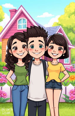 A cartoon-style illustration of three friends: two girls and one boy, standing together in a friendly pose