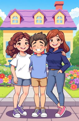 A cartoon-style illustration of three friends: two girls and one boy, standing together in a friendly pose