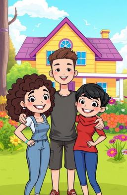 A cartoon-style illustration of three friends: two girls and one boy, standing together in a friendly pose