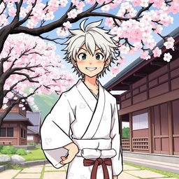 A playful illustration of Gintoki Sakata as an adult, showcasing his signature cheeky smile in a white yukata adorned with subtle patterns