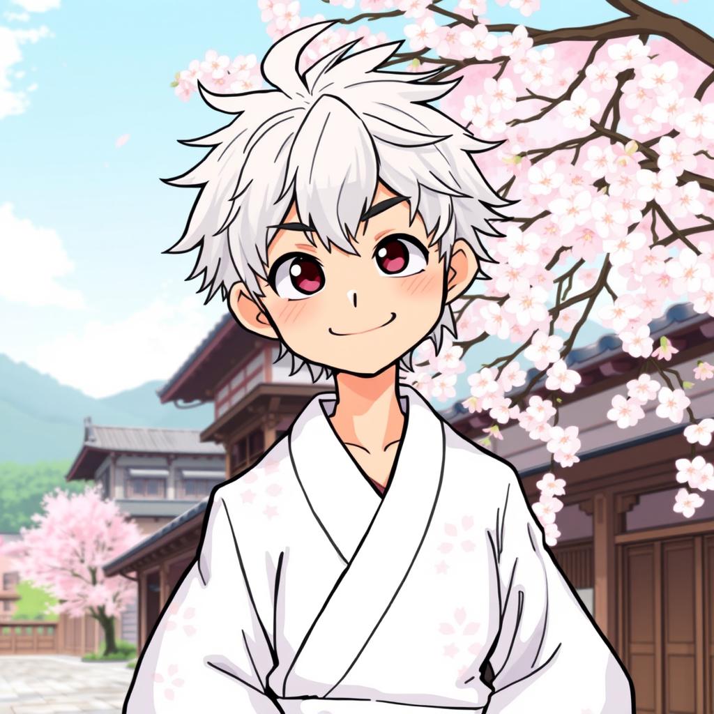 A playful illustration of Gintoki Sakata as an adult, showcasing his signature cheeky smile in a white yukata adorned with subtle patterns