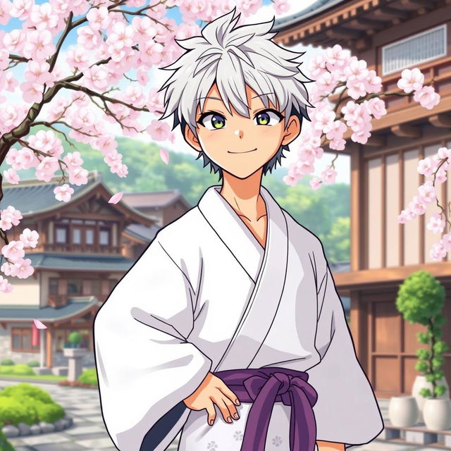 A playful illustration of Gintoki Sakata as an adult, showcasing his signature cheeky smile in a white yukata adorned with subtle patterns