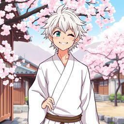 A playful illustration of Gintoki Sakata as an adult, showcasing his signature cheeky smile in a white yukata adorned with subtle patterns