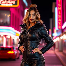 A stunning woman in a tight, shiny black puffer catsuit that perfectly showcases her curves and big boobs