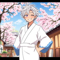 A playful illustration of Gintoki Sakata as an adult, showcasing his signature cheeky smile while wearing a white yukata elegantly trimmed with blue at the ends of the sleeves