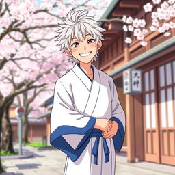 A playful illustration of Gintoki Sakata as an adult, showcasing his signature cheeky smile while wearing a white yukata elegantly trimmed with blue at the ends of the sleeves