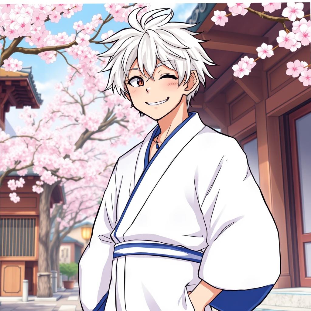 A playful illustration of Gintoki Sakata as an adult, showcasing his signature cheeky smile while wearing a white yukata elegantly trimmed with blue at the ends of the sleeves