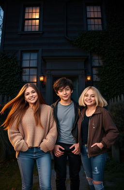 A captivating scene featuring three friends, two girls and one boy, standing together in front of an eerie, mysterious house