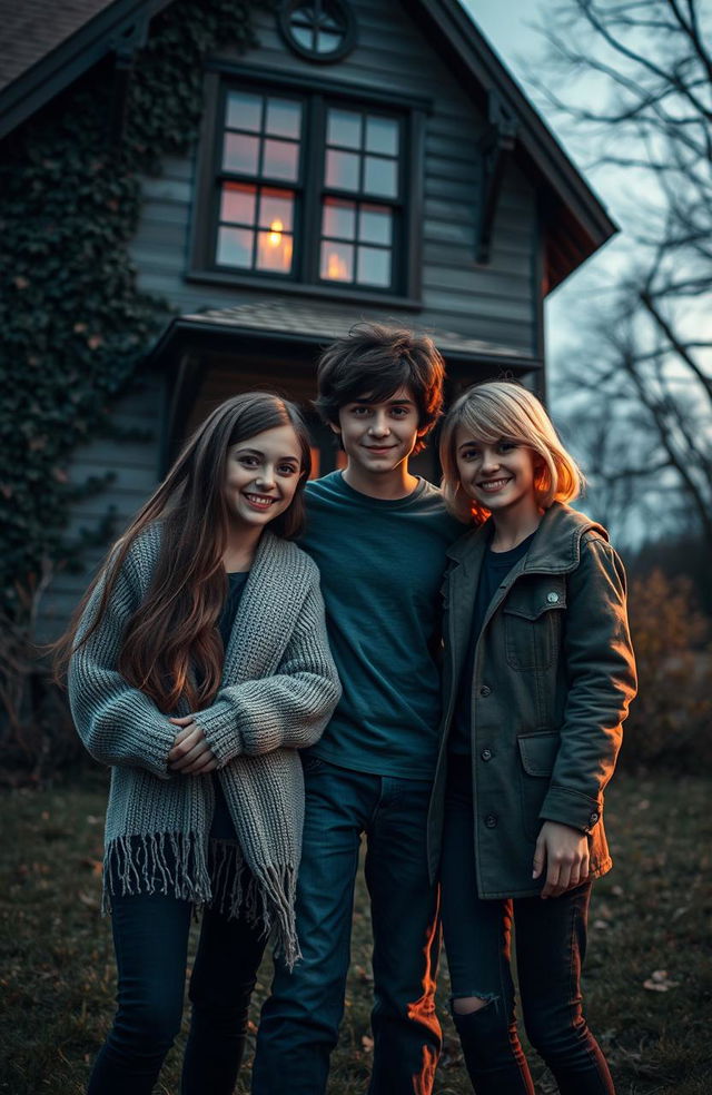 A captivating scene featuring three friends, two girls and one boy, standing together in front of an eerie, mysterious house