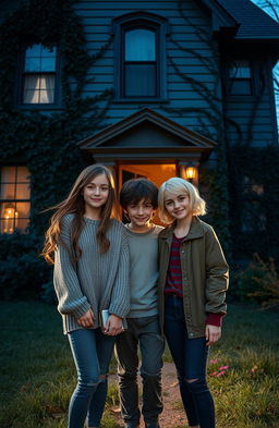 A captivating scene featuring three friends, two girls and one boy, standing together in front of an eerie, mysterious house