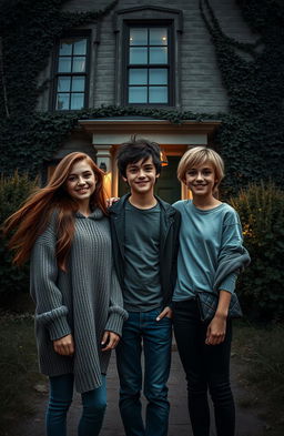 A captivating scene featuring three friends, two girls and one boy, standing together in front of an eerie, mysterious house